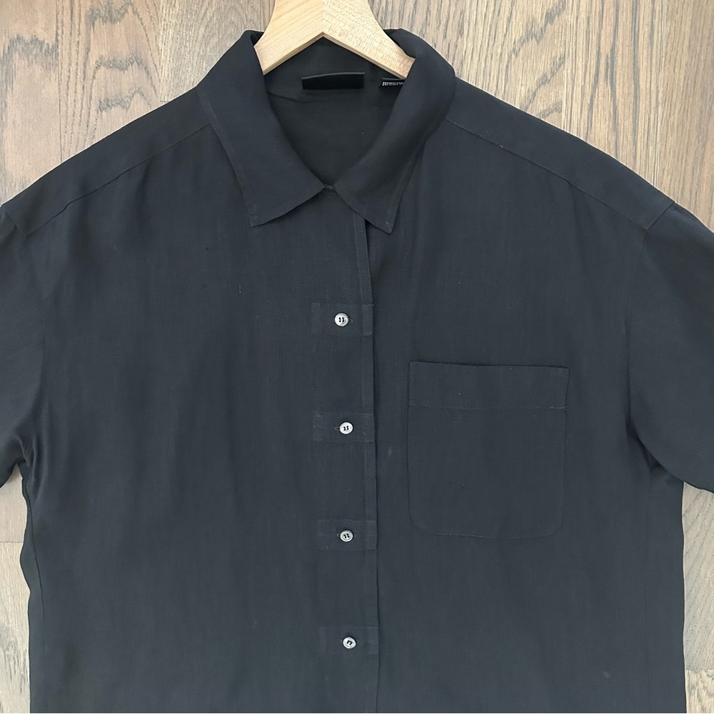 Vintage DKNY 100% Linen Short Sleeve Button Front Collared Blouse Black Size 4 S - Picture 5 of 7